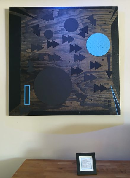 Physical canvas painting with precision linear and circular geometry
