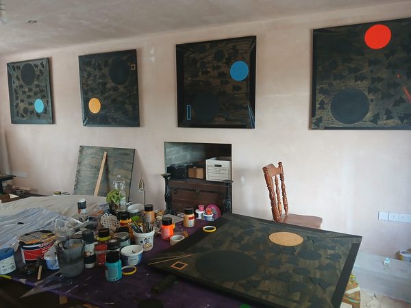 Geometric abstract painting process with T-square and drafting lines