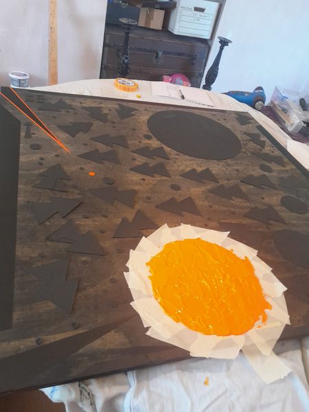 Hand-painted acrylic geometric artwork detailing in progress