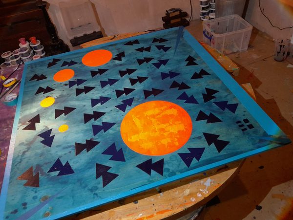 Behind-the-scenes view of geometric canvas preparation process